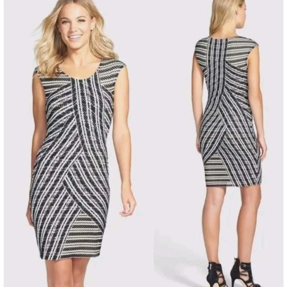 Bailey 44 Techno Eyelet Sheath Dress Large Geometric Black White StripeBodycon‎
